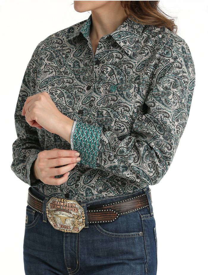 Cinch Women's Grey/Teal Paisley Print Button Up Western Shirt MSW9164223 GRY
