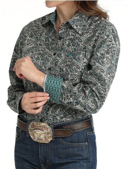 Cinch Women's Grey/Teal Paisley Print Button Up Western Shirt MSW9164223 GRY