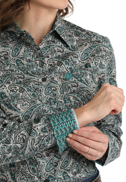 Cinch Women's Grey/Teal Paisley Print Button Up Western Shirt MSW9164223 GRY