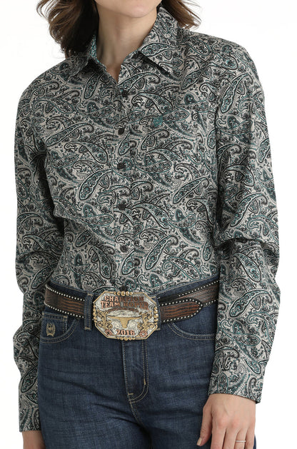 Cinch Women's Grey/Teal Paisley Print Button Up Western Shirt MSW9164223 GRY