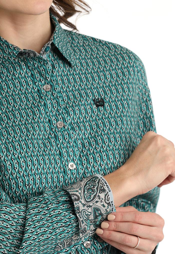 Cinch Women's Teal Vertical Print Button Long Sleeve Western Shirt MSW9165054