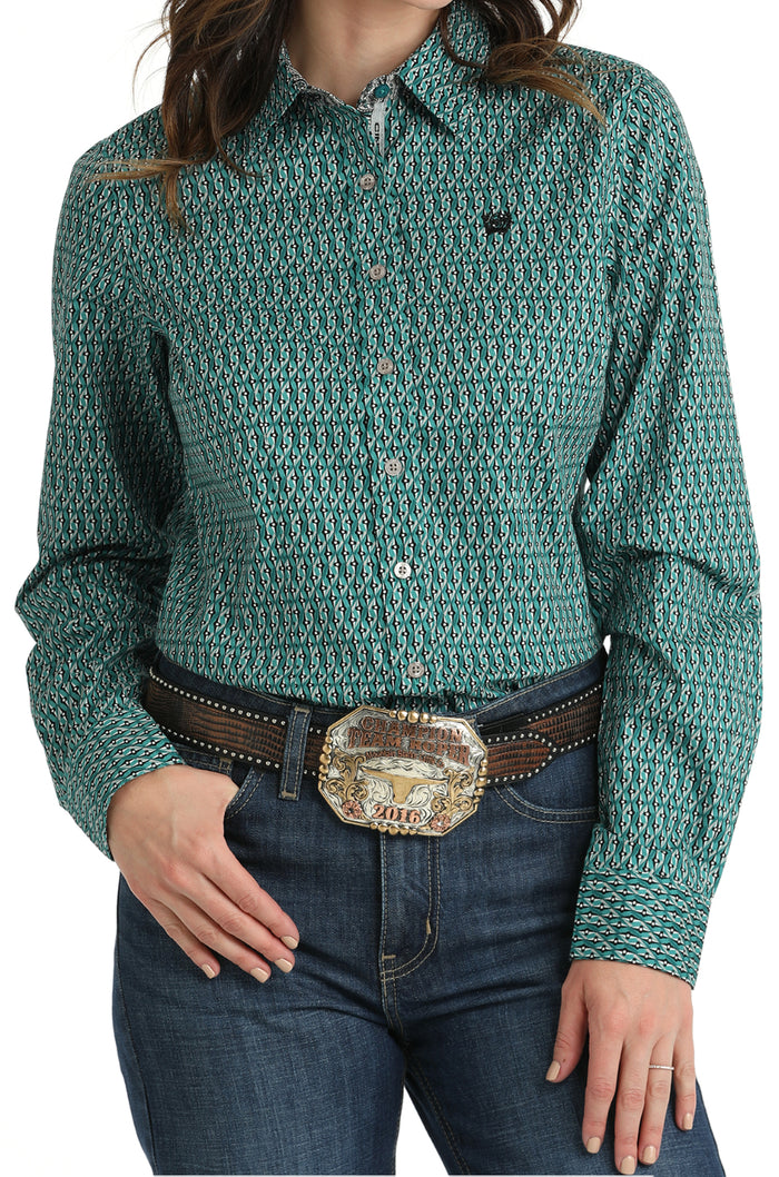 Cinch Women's Teal Vertical Print Button Long Sleeve Western Shirt MSW9165054