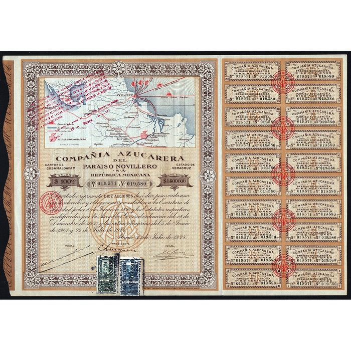Compania Azucarera de Paraiso Novillero S.A. 1924 Mexico Stock Certificate