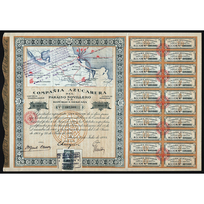 Compania Azucarera de Paraiso Novillero S.A. 1924 Mexico Stock Certificate