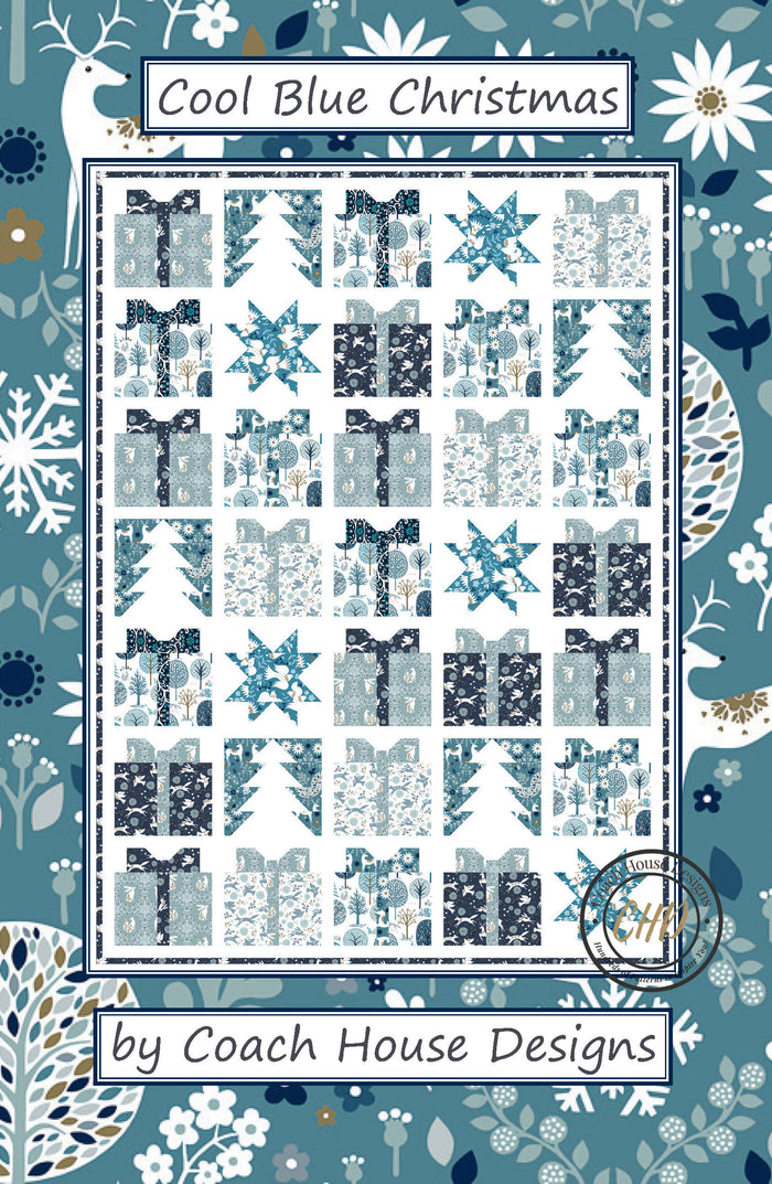 Cover of a Christmas-themed lap quilt design of wrapped presents, snowflakes and trees on a white background titled 'Cool Blue Christmas' by Coach House Designs.