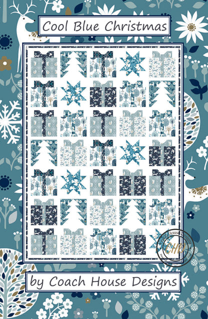 Cover of a Christmas-themed lap quilt design of wrapped presents, snowflakes and trees on a white background titled 'Cool Blue Christmas' by Coach House Designs.