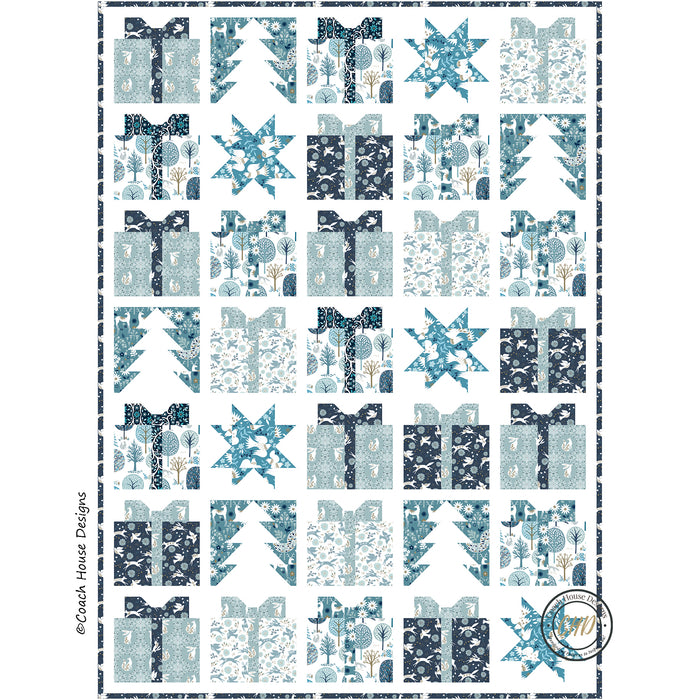 Digital image of a Christmas themed lap quilt pattern featuring wrapped presents, stars and trees in blue and white woodland patterned fabric on a white background.