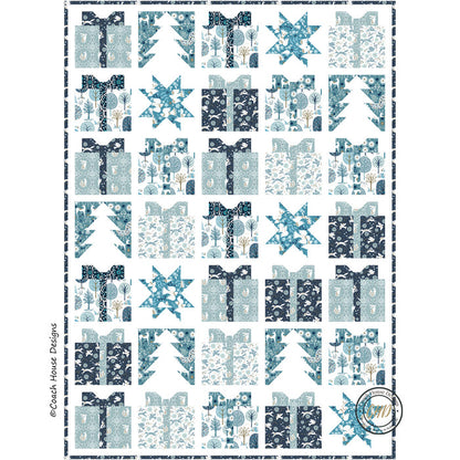 Digital image of a Christmas themed lap quilt pattern featuring wrapped presents, stars and trees in blue and white woodland patterned fabric on a white background.