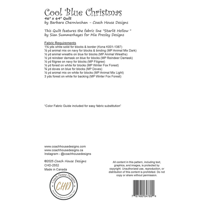 Back of a quilt pattern packaging with text and fabric requirements for 'Cool Blue Christmas' by Coach House Designs
