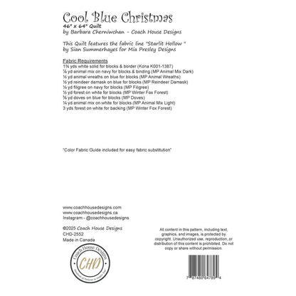 Back of a quilt pattern packaging with text and fabric requirements for 'Cool Blue Christmas' by Coach House Designs