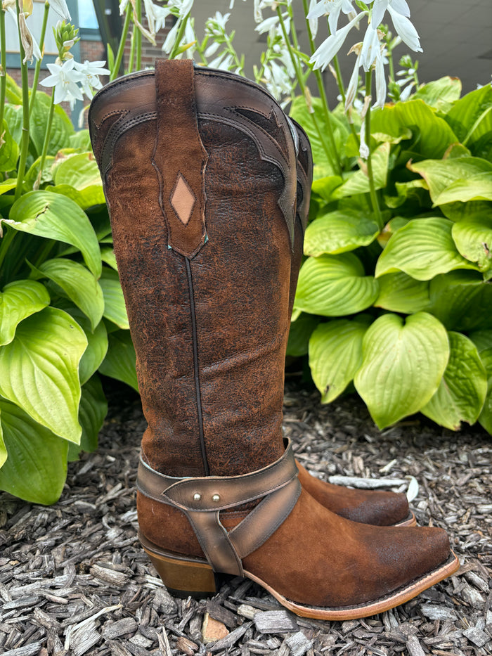 Corral Women's Dark Brown Lamb Leather Overlay & Harness Snip Toe Cowgirl Boots F1369-Painted Cowgirl Western Store