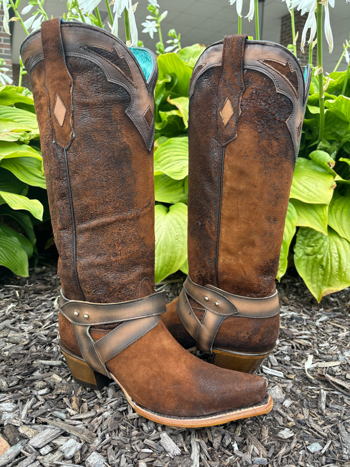 Corral Women's Dark Brown Lamb Leather Overlay & Harness Snip Toe Cowgirl Boots F1369-Painted Cowgirl Western Store
