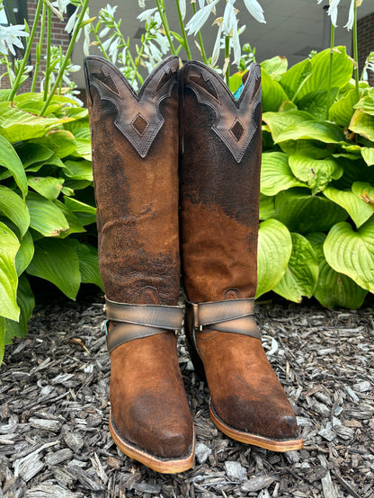 Corral Women's Dark Brown Lamb Leather Overlay & Harness Snip Toe Cowgirl Boots F1369-Painted Cowgirl Western Store