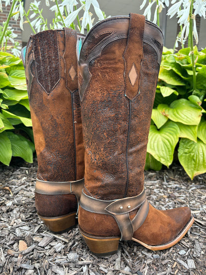 Corral Women's Dark Brown Lamb Leather Overlay & Harness Snip Toe Cowgirl Boots F1369-Painted Cowgirl Western Store