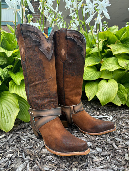 Corral Women's Dark Brown Lamb Leather Overlay & Harness Snip Toe Cowgirl Boots F1369-Painted Cowgirl Western Store