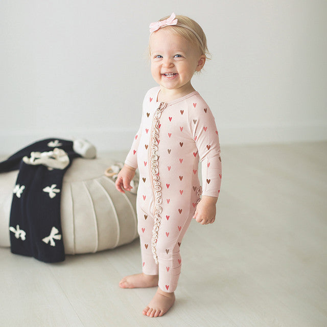 Cozy Romper with Ruffles - Mini Hearts