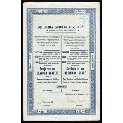 De Bahia Suikerfabrieken (The Bahia Sugar Factories Ltd.) 1905 Amsterdam Brazil Stock Certificate