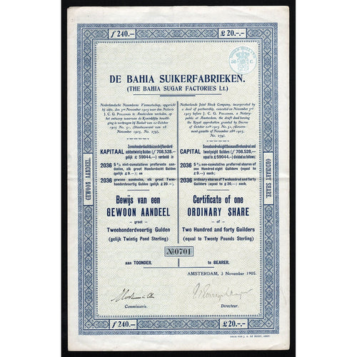 De Bahia Suikerfabrieken (The Bahia Sugar Factories Ltd.) 1905 Amsterdam Brazil Stock Certificate