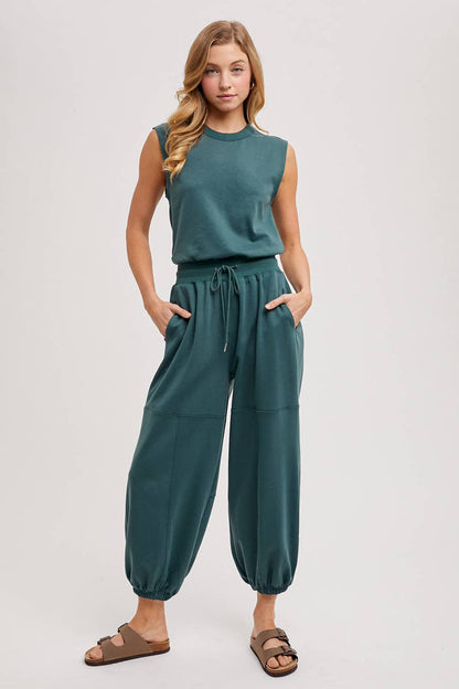 DRAWSTRING WAIST SLEEVELESS KNIT ACTIVE JUMPSUIT