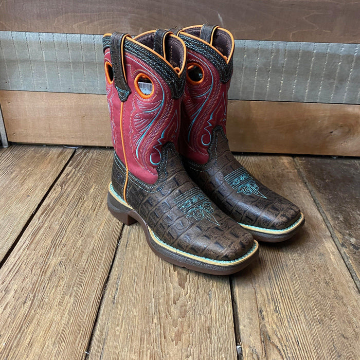 Durango Children’s & Youth Brown & Pink Gator Embossed Square Toe Western Boot DBT0233C DBT0233Y-Painted Cowgirl Western Store