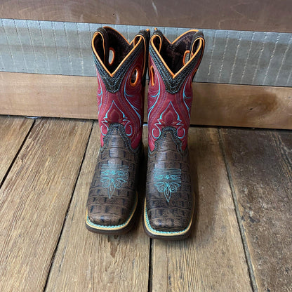 Durango Children’s & Youth Brown & Pink Gator Embossed Square Toe Western Boot DBT0233C DBT0233Y-Painted Cowgirl Western Store
