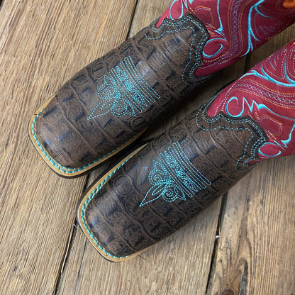 Durango Children’s & Youth Brown & Pink Gator Embossed Square Toe Western Boot DBT0233C DBT0233Y-Painted Cowgirl Western Store