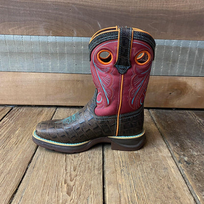 Durango Children’s & Youth Brown & Pink Gator Embossed Square Toe Western Boot DBT0233C DBT0233Y-Painted Cowgirl Western Store