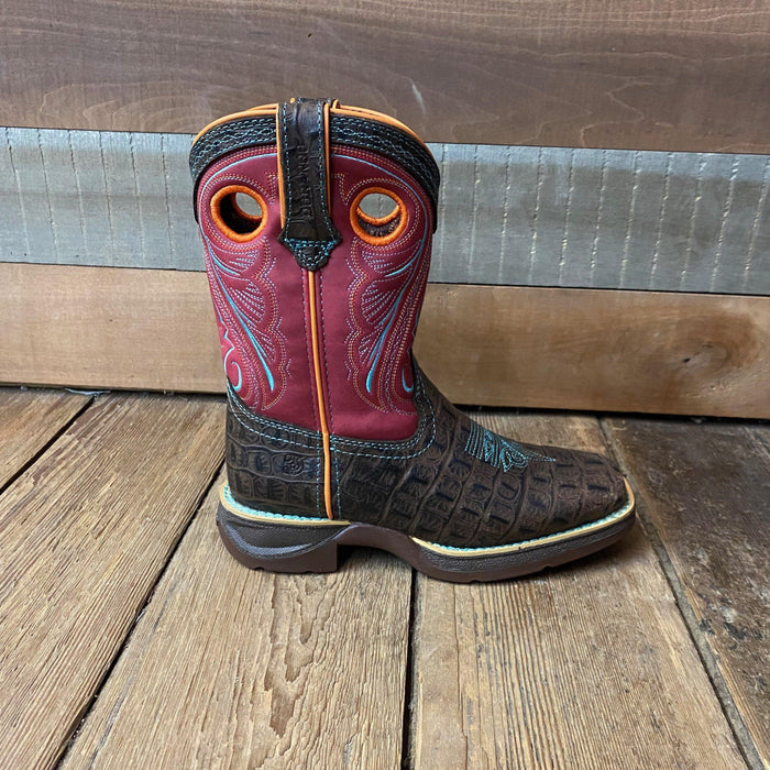 Durango Children’s & Youth Brown & Pink Gator Embossed Square Toe Western Boot DBT0233C DBT0233Y-Painted Cowgirl Western Store