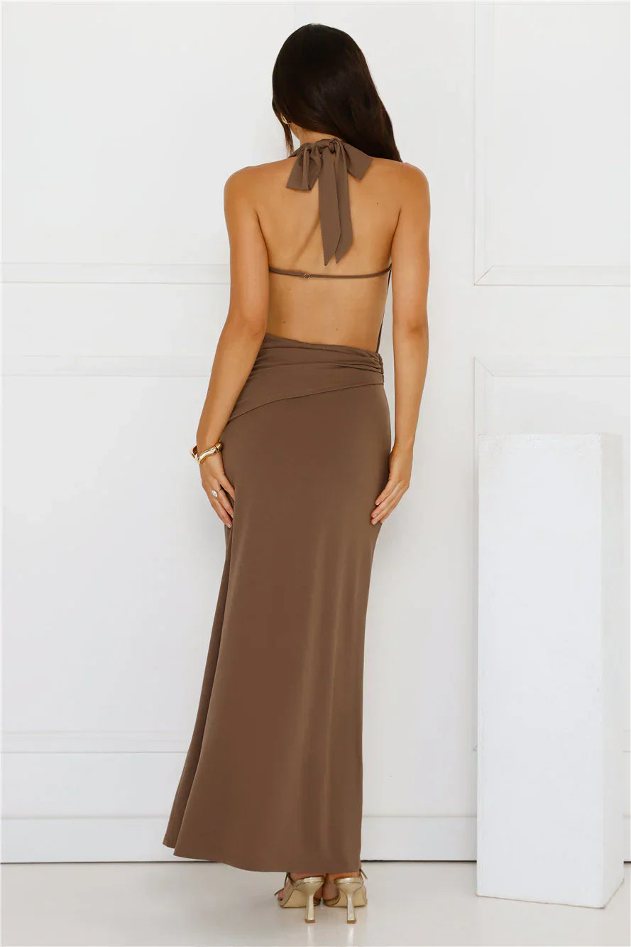 Silk Essence Halter Maxi Dress Brown