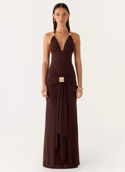 Miyah Halter Hardware Maxi Dress - Chocolate
