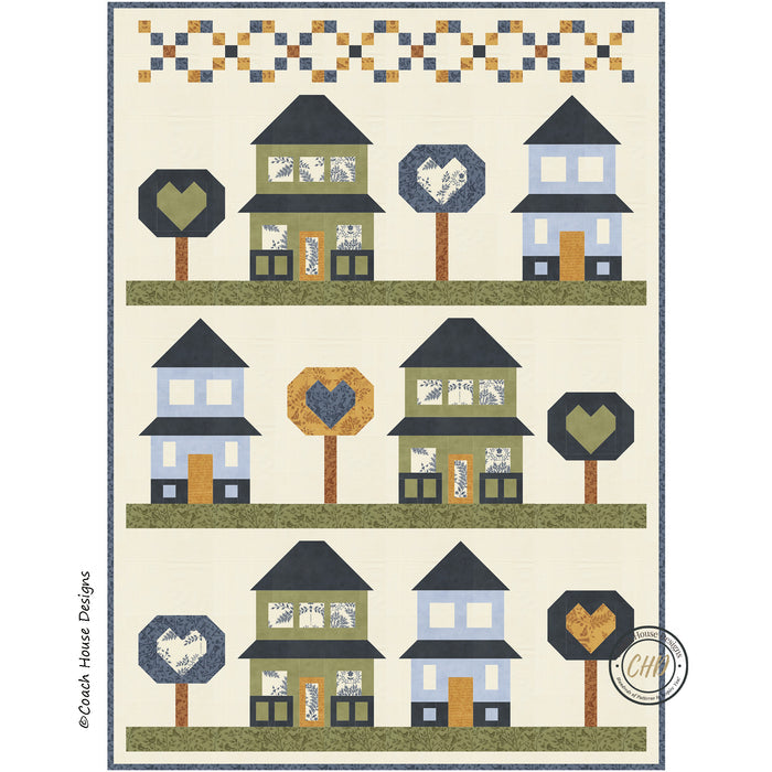 Quilt pattern with house and tree blocks with hearts in the middle on a beige background.  Designed by Coach House Designs