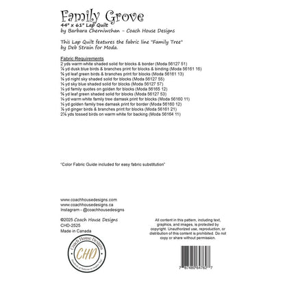 Textual information about a lap quilt sewing pattern titled 'Family Grove' by Coach House Designs. This page contains information about the design specifications and fabric requirements to make the quilt.