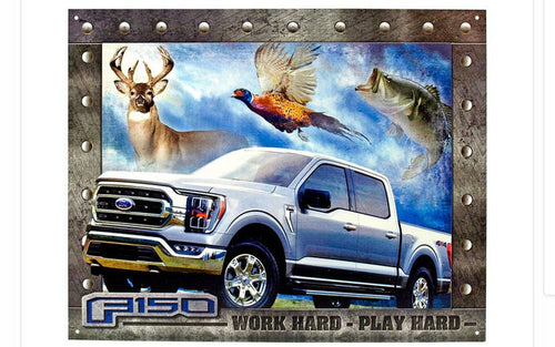 Ford F150 Work Hard Play Hard Pickup Truck Metal Sign 16x12 Inch Tin Sign