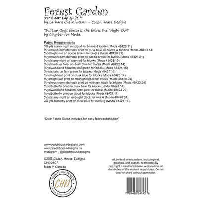 Fabric guide and specifications for a lap quilt titled 'Forest Garden' by Coach House Designs.