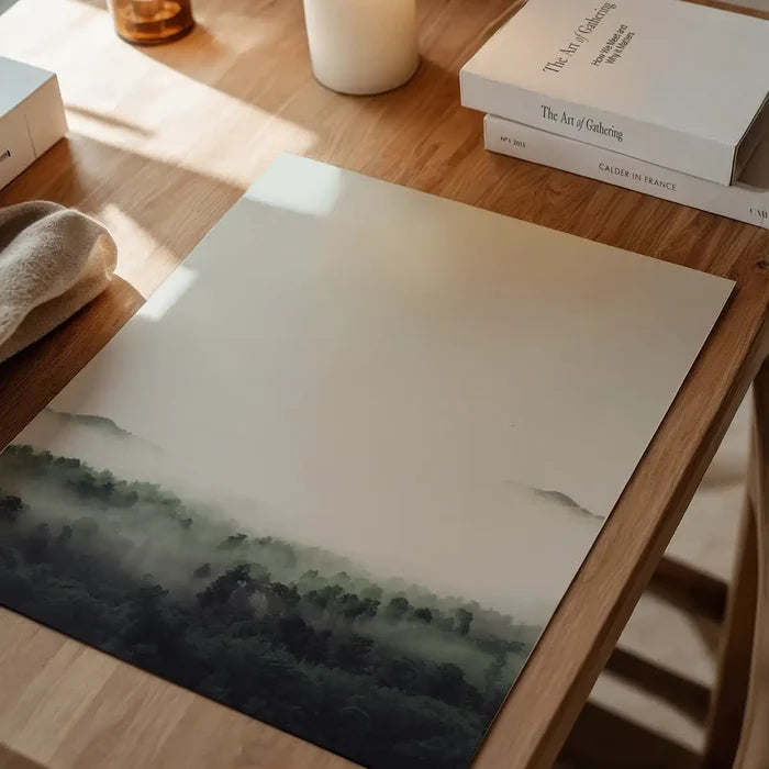 Scandi-style forest print on archival art paper, featuring subtle green misty mountains and trees.
