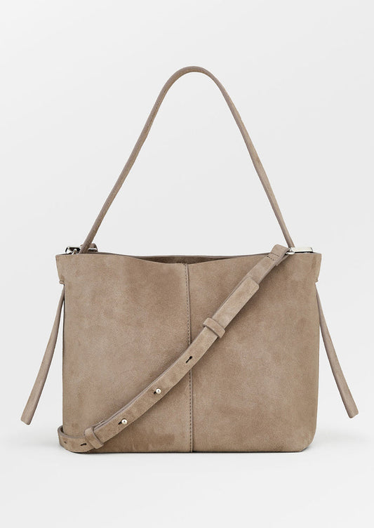 A suede handbag in mouse grey.
