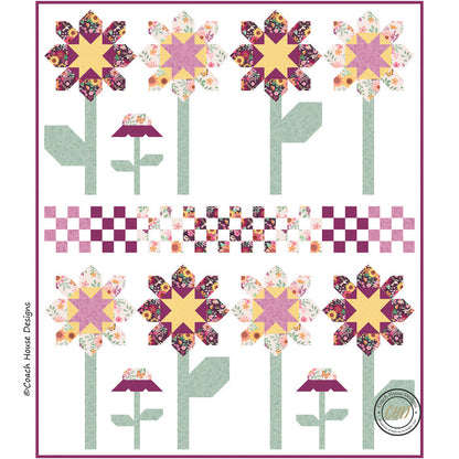Lap quilt pattern with floral designs and checkered patterns on a white background