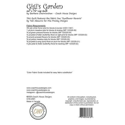 Back information sheet with fabric requirement for a  quilt pattern  titled 'Gigi's Garden' by Coach House Designs