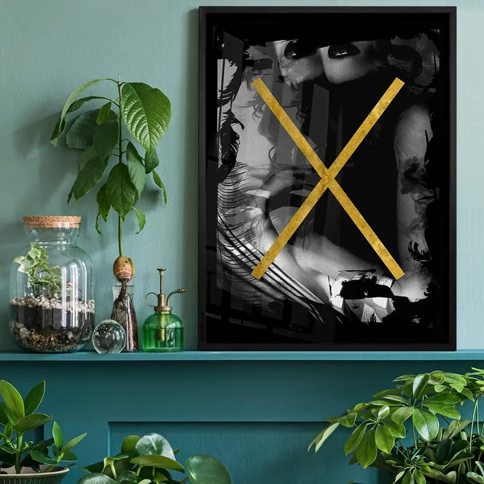 Abstract Girl In Window Gold Print, black and white female form with a striking gold 'X' on 250gsm archival art paper.