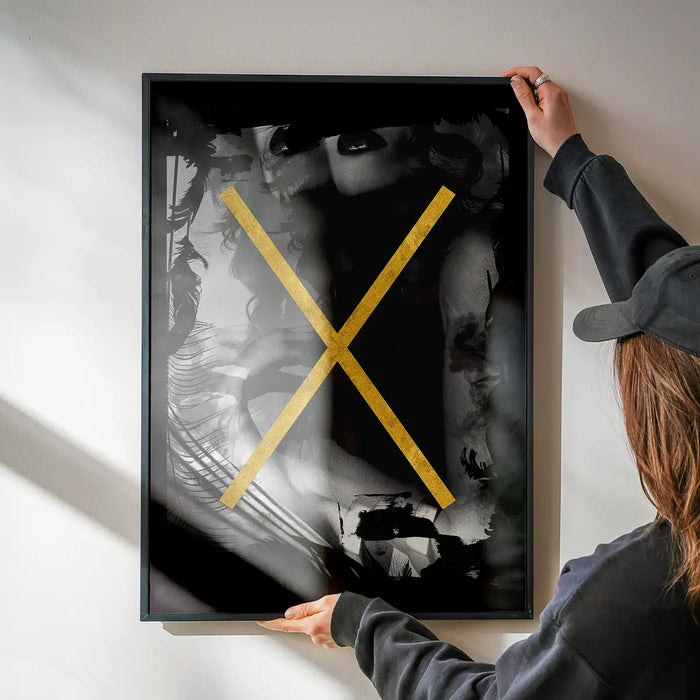 Framed "Girl In Window" gold print, featuring an abstract female form and graphic elements on archival art paper.
