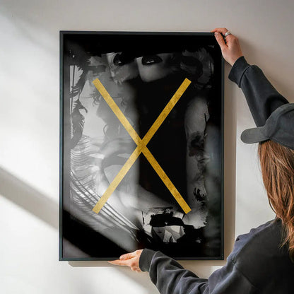 Framed "Girl In Window" gold print, featuring an abstract female form and graphic elements on archival art paper.