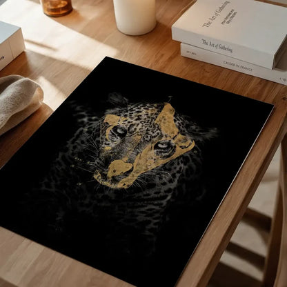 Dark Scandinavian style poster with a gold leopard print diagram on black archival art paper.