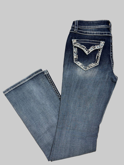 Grace in LA Easy Fit Women's Feather & Stud Embellished Faux Flap Pocket Bootcut Jeans EB52026
