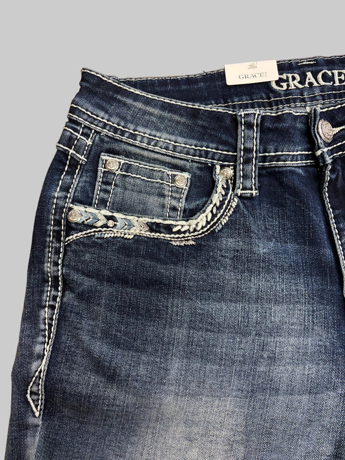 Grace in LA Easy Fit Women's Feather & Stud Embellished Faux Flap Pocket Bootcut Jeans EB52026