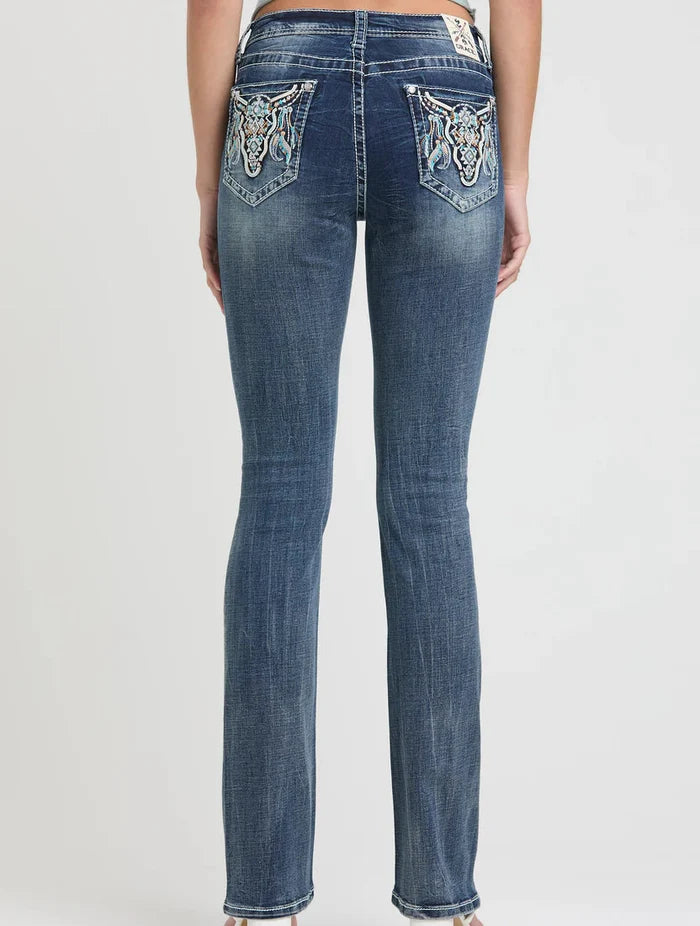 Grace in LA Easy Fit Women's Steerhead & Feathers Embellished Pocket Bootcut Jeans EB61937