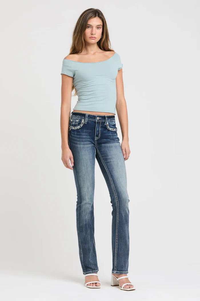 Grace in LA Easy Fit Women's Steerhead & Feathers Embellished Pocket Bootcut Jeans EB61937