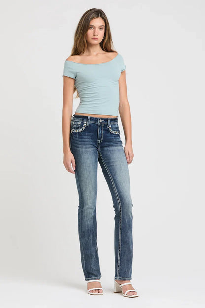 Grace in LA Easy Fit Women's Steerhead & Feathers Embellished Pocket Bootcut Jeans EB61937