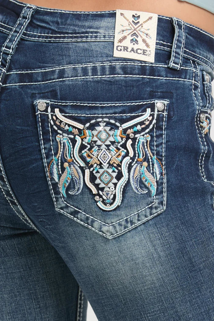 Grace in LA Easy Fit Women's Steerhead & Feathers Embellished Pocket Bootcut Jeans EB61937