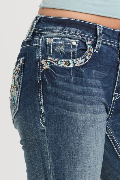 Grace in LA Easy Fit Women's Steerhead & Feathers Embellished Pocket Bootcut Jeans EB61937