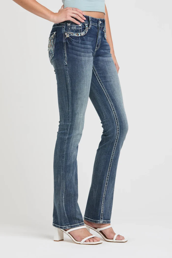 Grace in LA Easy Fit Women's Steerhead & Feathers Embellished Pocket Bootcut Jeans EB61937